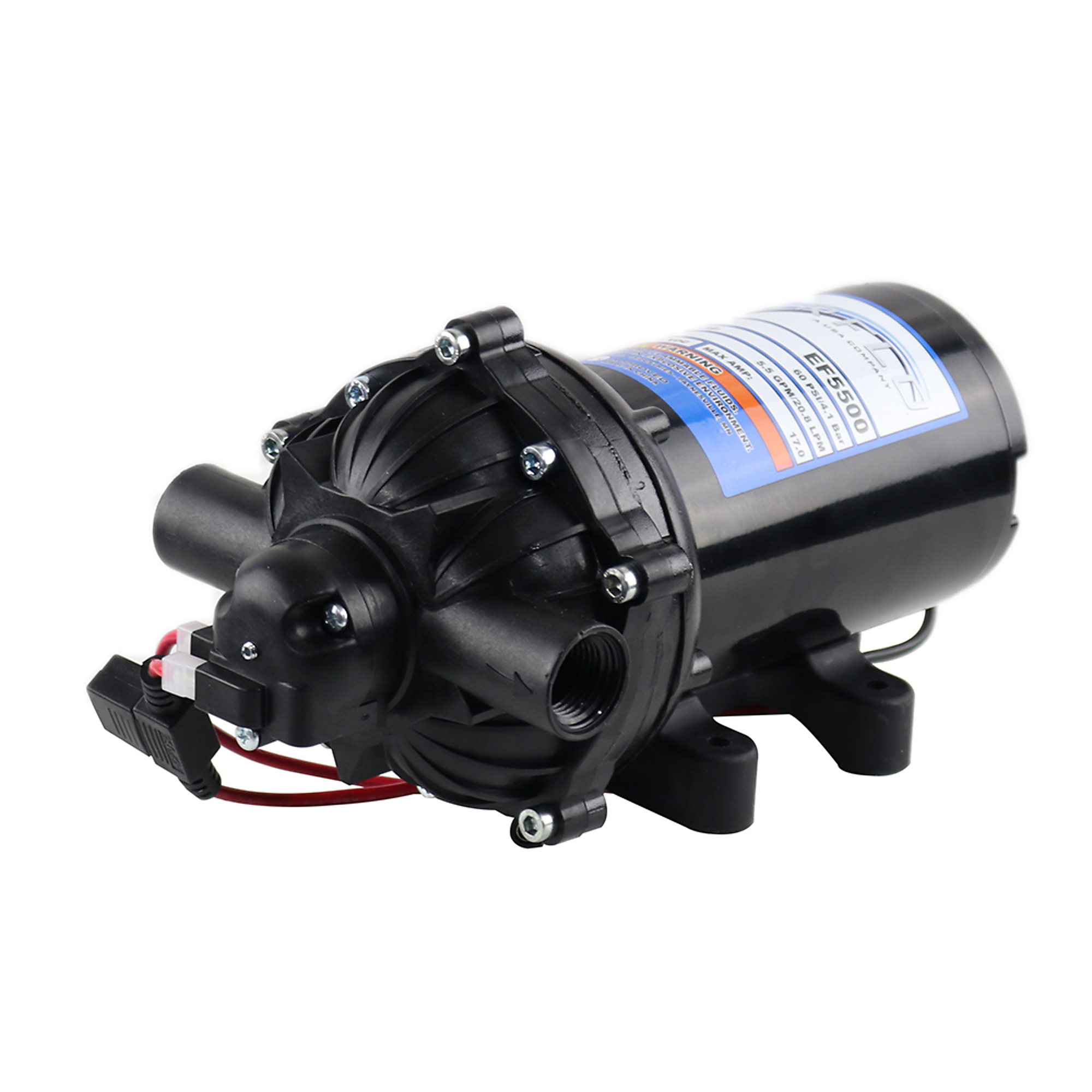 Everflo 12V On-Demand Diaphragm Pump - 5.5GPM, 60 PSI Max, 1/2" FNPT Ports Model #EF5500-BOX